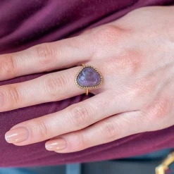 Bague acier doré ouverte améthyste