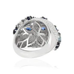 Bague argent 925 et ruthénium noir, pierres imitations bleues, zirconias.