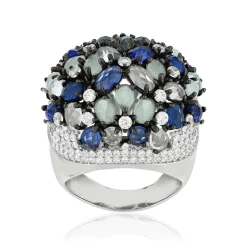 Bague argent 925 et ruthénium noir, pierres imitations bleues zirconias