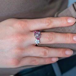 Bague argent 925 fleurs et papillon opales, pierres synthétiques et zirconias
