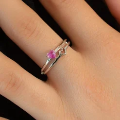 Bague argent 925 motif coeur pierres synthétiques rouge