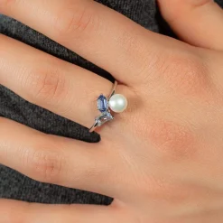 Bague argent 925 perle de Chine et topazes traitées