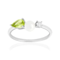 Bague argent 925 perle de Chine péridot et topaze blanche