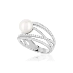 Bague argent 925, perle de culture de Chine, zirconias.