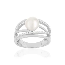 Bague argent 925, perle de culture de Chine, zirconias.