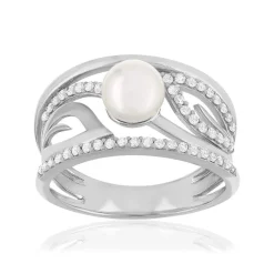 Bague argent 925 perle de culture de Chine et zirconias.
