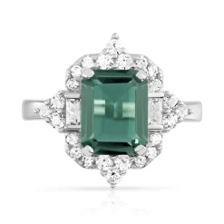 Bague argent 925 pierre imitation verte rectangulaire et zirconias