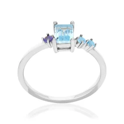 Bague argent 925 rhodié topazes traitées et pierre synthétique violette