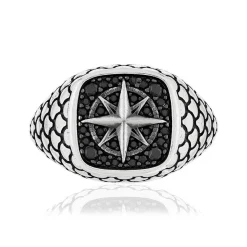 Bague argent 925 rose des vents spinelles noires