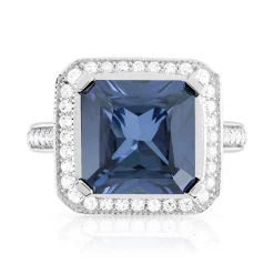 Bague argent 925 saphir imitation carrée et zirconias