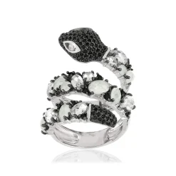 Bague argent 925 serpent pierres imitations et zirconias noirs et blancs