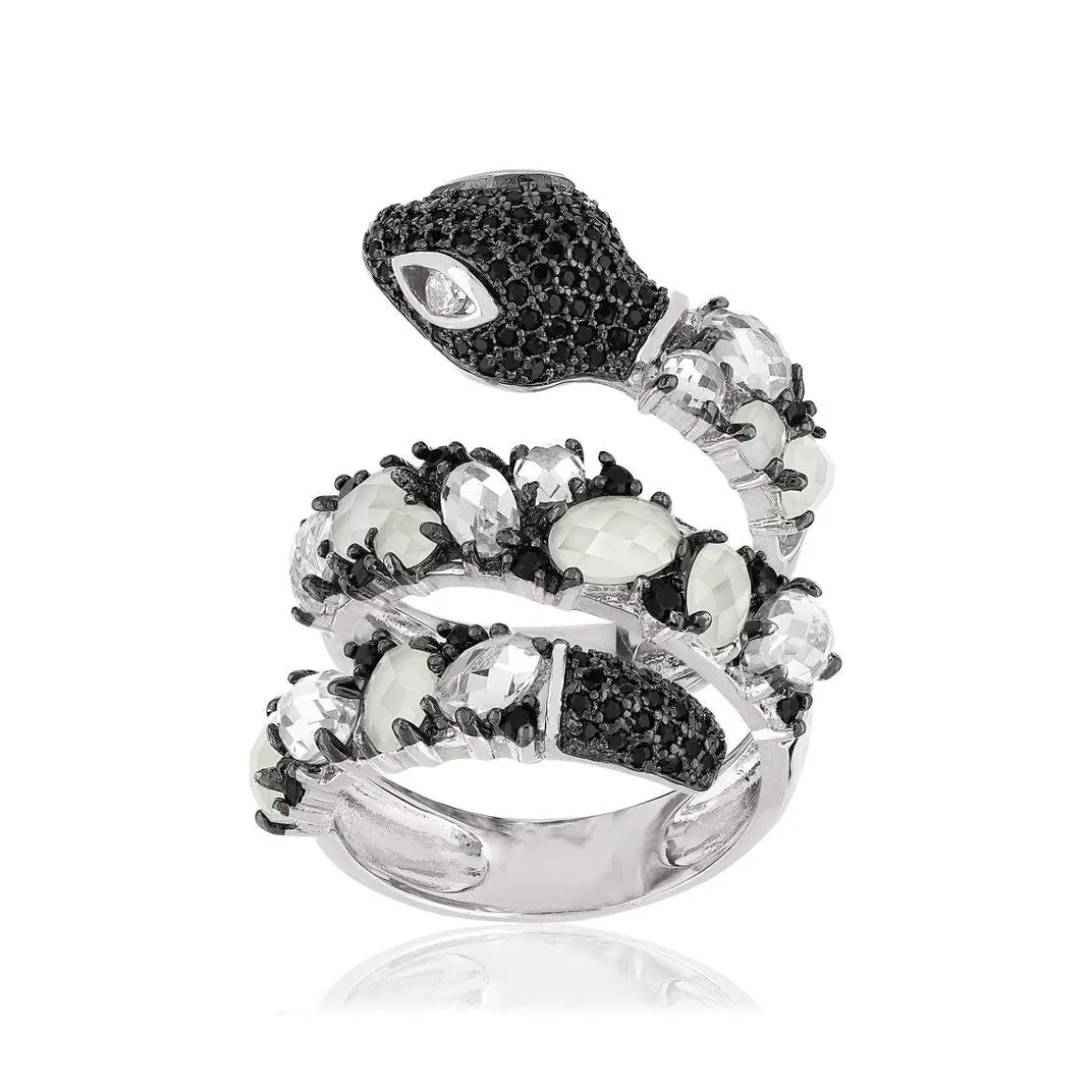 Bague argent 925 serpent pierres imitations et zirconias noirs et blancs