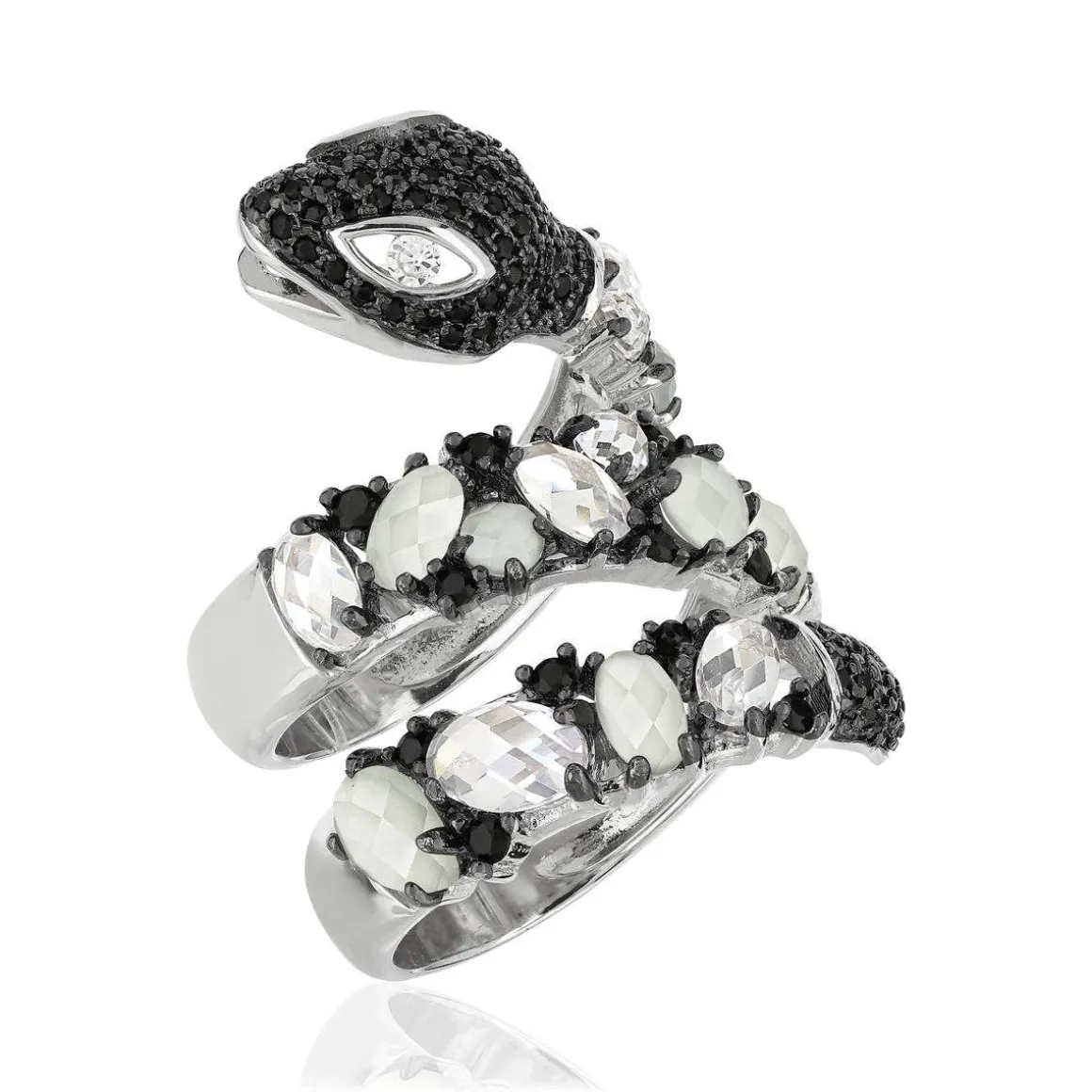 Bague argent 925 serpent pierres imitations et zirconias noirs et blancs