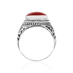 Bague argent 925 vieilli cabochon corail rouge