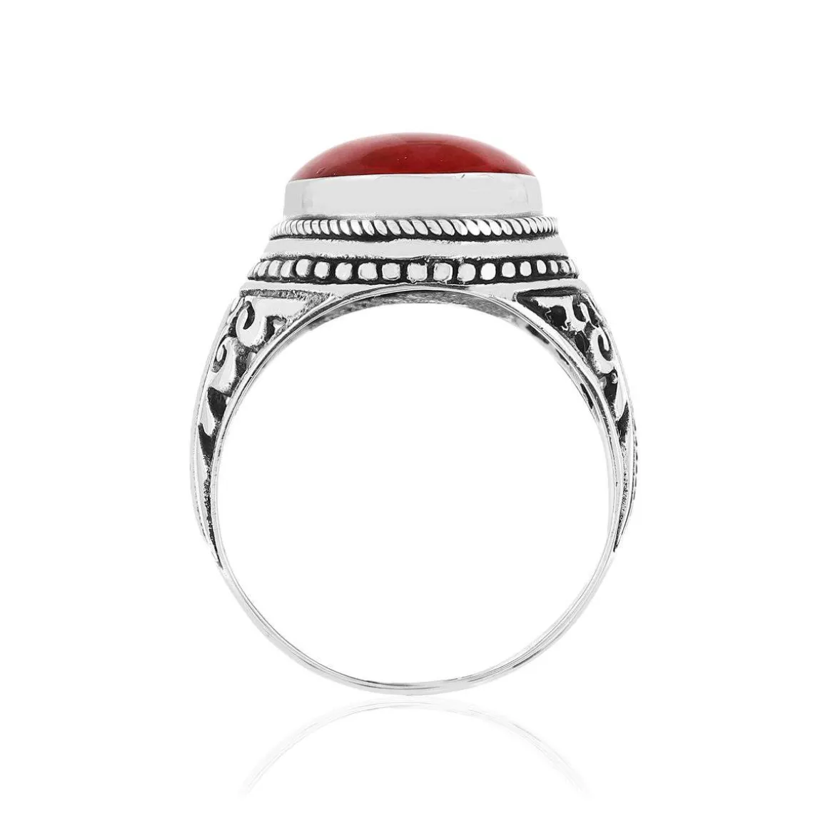 Bague argent 925 vieilli cabochon corail rouge
