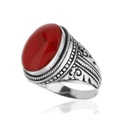 Bague argent 925 vieilli cabochon corail rouge