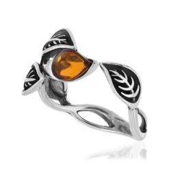 Bague argent 925 vieilli feuilles ambre