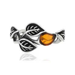 Bague argent 925 vieilli feuilles ambre