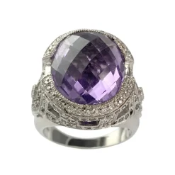 Bague d'occasion or 750 blanc avec 1 amethyste, des diamants blancs et des diamants noirs traités