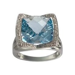 Bague d'occasion or 750 blanc topaze traitée sky blue diamant