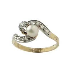 Bague d'occasion or 750 jaune et rhodié diamants perle de culture et perle blanche