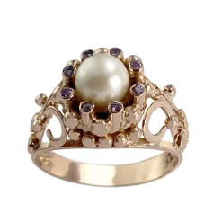 Bague d'occasion or 750 rose zirconias perle de culture