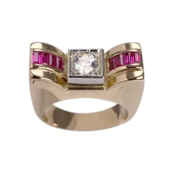 Bague d'occasion 2 ors 750 pierre blanche, rubis synthétiques