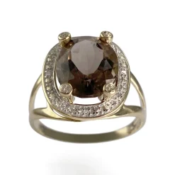 Bague d'occasion  or 375 2 tons diamants et quartz fumé
