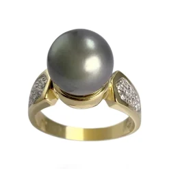 Bague d'occasion or 750 2 tons jaune perle de tahiti diamants