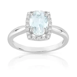 Bague or 375 blanc aigue-marine ovale et diamants