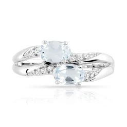 Bague or 375 blanc aigues-marines ovales et diamants