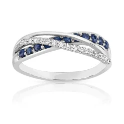 Bague or 750 blanc anneaux entrelacés saphirs et diamants