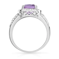 Bague or 750 blanc carrée améthystes et diamants