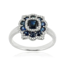 Bague or 750 blanc fleur saphirs et diamants