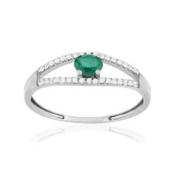 Bague or 375 blanc émeraude et diamants