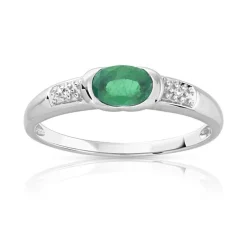 Bague or 750 blanc émeraude ovale et diamants