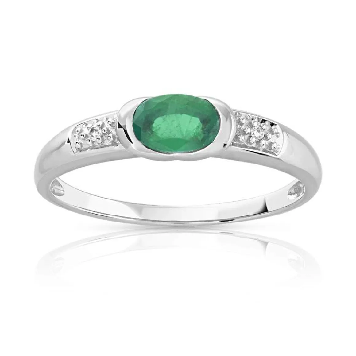 Bague or 750 blanc émeraude ovale et diamants