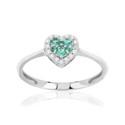 Bague or 375 blanc émeraudes diamants motif coeur
