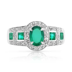 Bague or 750 blanc ovale émeraudes et diamants