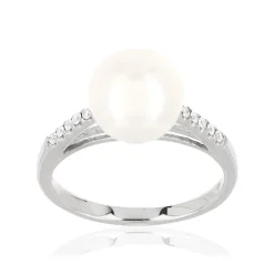 Bague or 375 blanc perle de culture de Chine et diamants