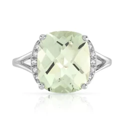 Bague or 375 blanc quartz vert carrée et diamants