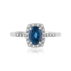 Bague or 375 blanc rectangulaire topaze traitée et diamants