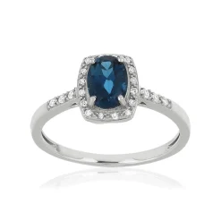Bague or 375 blanc rectangulaire topaze traitée et diamants