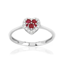 Bague or 375 blanc rubis diamants motif coeur