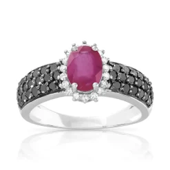 Bague or 750 blanc rubis ovale et diamants noirs traités et diamants blancs