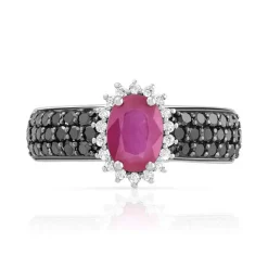 Bague or 750 blanc rubis ovale et diamants noirs traités et diamants blancs