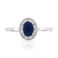 Bague or 375 blanc saphir ovale et diamants