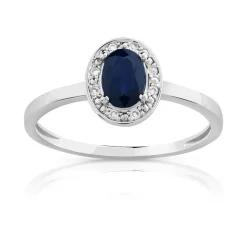 Bague or 375 blanc saphir ovale et diamants