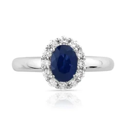 Bague or 750 blanc saphir ovale et diamants