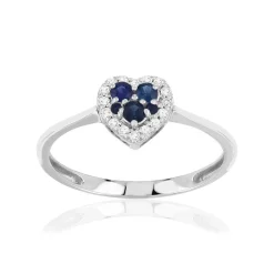 Bague or 375 blanc saphirs diamants motif coeur